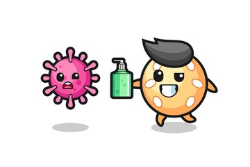 illustration of sesame ball character chasing evil virus with hand sanitizer