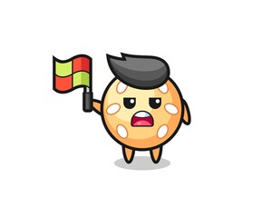 sesame ball character as line judge putting the flag up