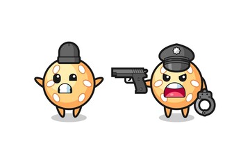 illustration of sesame ball robber with hands up pose caught by police