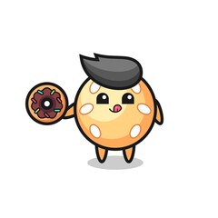 illustration of an sesame ball character eating a doughnut