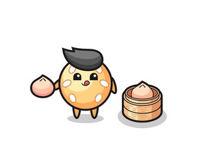 cute sesame ball character eating steamed buns