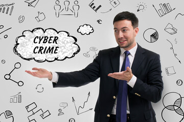 Business, technology, internet and network concept. Young businessman thinks over the steps for successful growth: Cyber crime