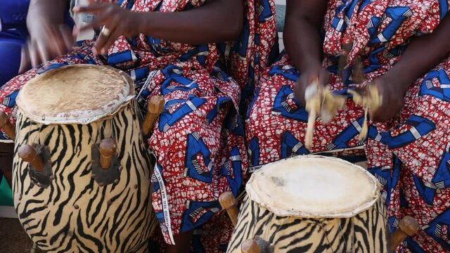 Traditional Ashanti drummers music Kumasi Ghana Africa HD. Traditional cultural music instruments, drums, for dancing and entertainment. Culture African celebration demonstration. Typical dance.