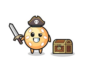 the sesame ball pirate character holding sword beside a treasure box