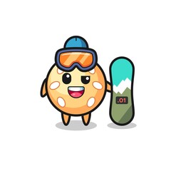 Illustration of sesame ball character with snowboarding style