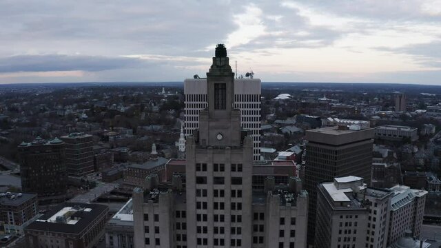 Building Downtown Providence Rhode Island, Drone Aerial Cityscape, Sunset