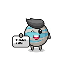 the mascot of the planet holding a banner that says thank you