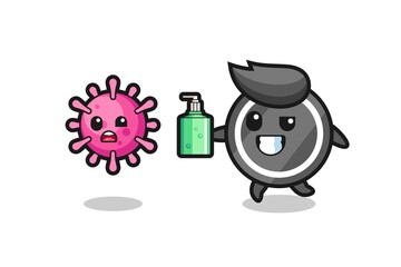 illustration of hockey puck character chasing evil virus with hand sanitizer