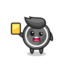 cartoon hockey puck character as a football referee giving a yellow card