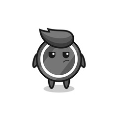 cute hockey puck character with suspicious expression