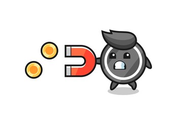 the character of hockey puck hold a magnet to catch the gold coins