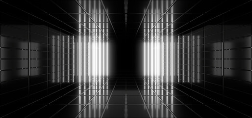 A dark tunnel lit by white neon lights. Reflections on the floor and walls. 3d rendering image.