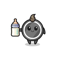 baby hockey puck cartoon character with milk bottle