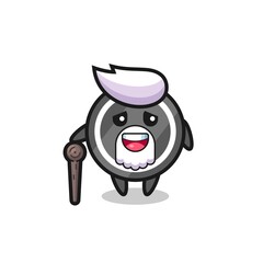 cute hockey puck grandpa is holding a stick