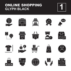 Icon Set of Online Shopping. Glyph black icons vector. Contains such of cashback, store, stock product, user profile, delivery, shipping, address location and more. You can use for web, app and more.