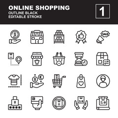 Icon Set Outline Black of Online Shopping. Contains such of cashback, store, stock product, user profile, delivery and more. You can use for web, app and more. Editable Stroke and pixel perfect.