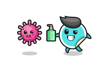 illustration of sticker character chasing evil virus with hand sanitizer