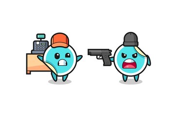 illustration of the cute sticker as a cashier is pointed a gun by a robber