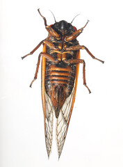 Underside of a female Pharaoh cicada (Magicicada septendecim), with tip of the ovipositor visible....