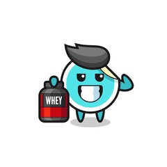 the muscular sticker character is holding a protein supplement