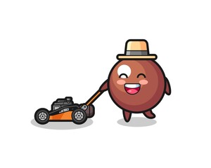 illustration of the chocolate ball character using lawn mower