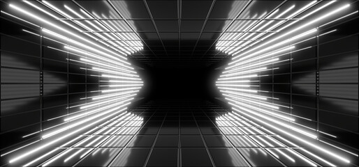 A dark tunnel lit by white neon lights. Reflections on the floor and walls. 3d rendering image.