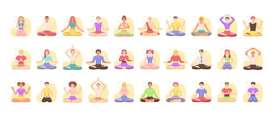 Set of men and women meditating