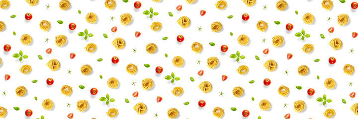 background from Italian tagliatelle pasta. raw pasta fettuccine, pop art background, flat lay. Italian raw nest pasta isolated on white. not seamless pattern