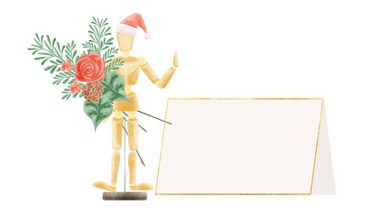 デッサン用モデル人形とメッセージカード手描き水彩風イラスト
