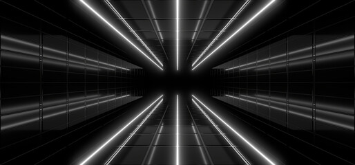 A dark tunnel lit by white neon lights. Reflections on the floor and walls. 3d rendering image.