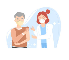 Covid19 vaccination, elderly man getting vaccinated. Doctor injecting a patient in arm muscle. Immunity health concept. Immunization and vaccination campaign of people against Coronavirus.Flat vector.