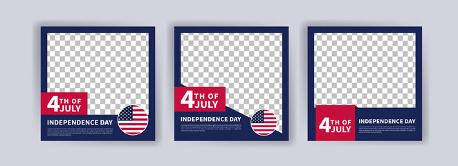 Social media post banner template for US independence day celebration. During July 4th greeting card with flying American national flag on blue background. US state federal patriotic holiday. - obrazy, fototapety, plakaty