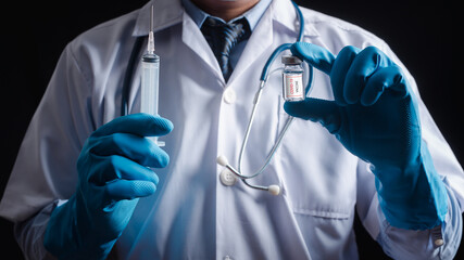 A male doctor stands holding a vaccine against coronavirus infection. , healing of coronavirus...
