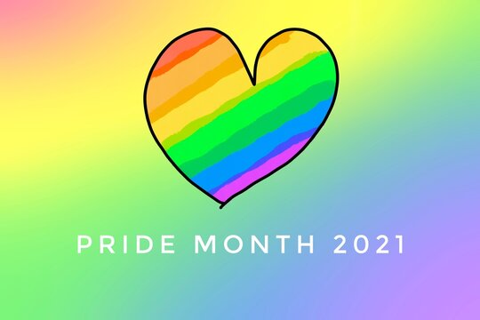 Rainbow heart drawing and texts 'Pride Month 2021'  on blurred rainbow background, concept for lgbtq+ community celebrations in pride month or in June around the world.