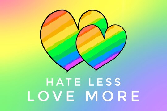 Rainbow heart drawing and texts 'Hate Less Love More'  on blurred rainbow background, concept for lgbtq+ community celebrations in pride month or in June around the world.