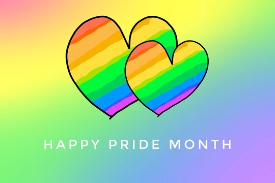 Rainbow heart drawing and texts 'Happy Pride Month'  on blurred rainbow background, concept for lgbtq+ community celebrations in pride month or in June around the world.