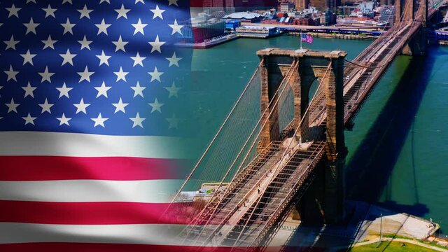 Brooklyn Bridge and Manhattan cityscape, split with a USA flag - 3d animation