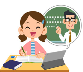 オンラインで授業を受ける小学生の女の子の笑顔
