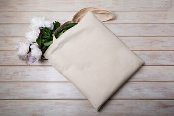 Rustic tote bag mockup with white pink peony