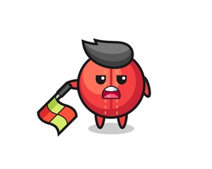 cricket ball character as line judge hold the flag down at a 45 degree angle