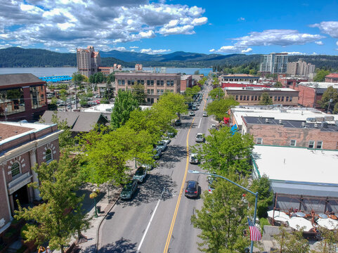 An Aerial View of Downtown Coeur d'Alene, Idaho and Lake Coeur d'Alene