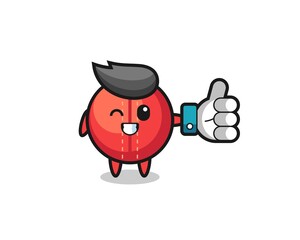 cute cricket ball with social media thumbs up symbol