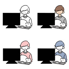 仕事のじゃまをする猫と男性