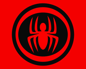 logo icon Red Spider symbol inside a Black circle isolated on a red background. Can be pasted and edited as needed. Vector illustration