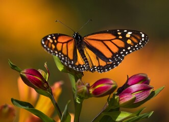 This serene nature image features a wild male monarch (Danaus pleippus) butterfly on a spring flower bud, ready to bloom.