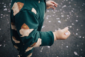 桜の花びらをつかむ子供の手