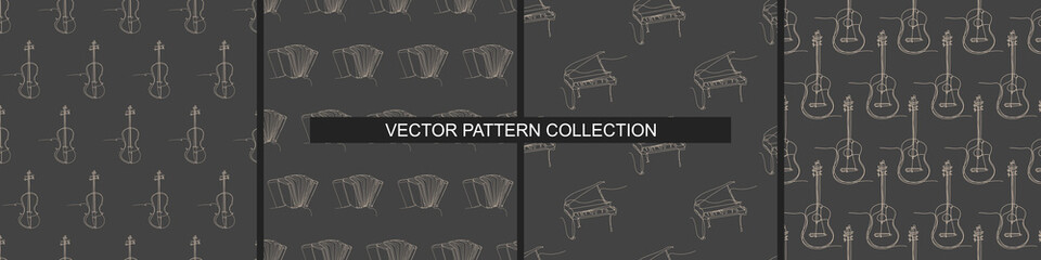 A set of four vector seamless patterns. Musical instruments