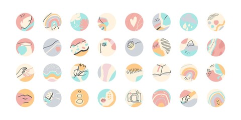 Cover icon set for social media stories. Abstract collection backgrounds with shapes, flowers doodle, dots and lines