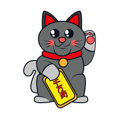 Isolated kawaii asian cat. Neko with one hand up - Vector