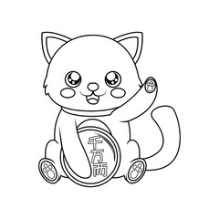 Isolated kawaii asian cat. Neko with one hand up Vector
